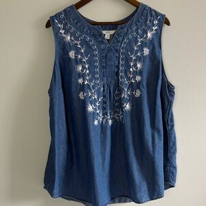 Croft & Barrow 2X Chambray Embroidered Tank Top Plus Size Floral